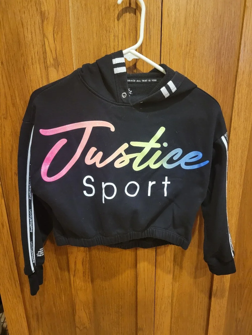 Girls Justice Sport Girls' Cropped Hoodie - Black Sparkle Rainbow Logo. Size 10